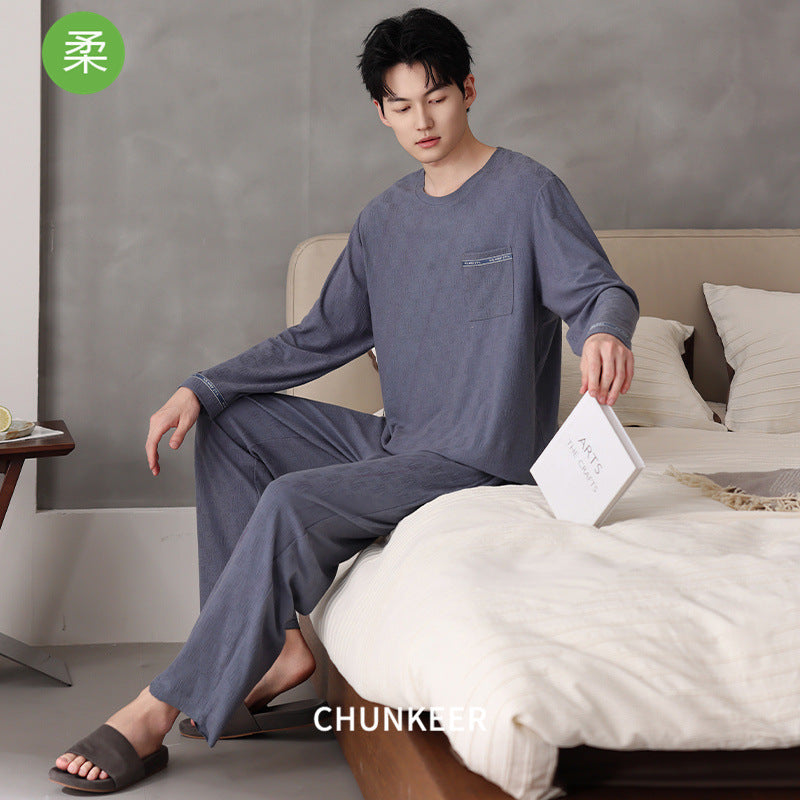 Men’s Stretch Cotton Pajama Set Hooded Long Sleeve Loungewear