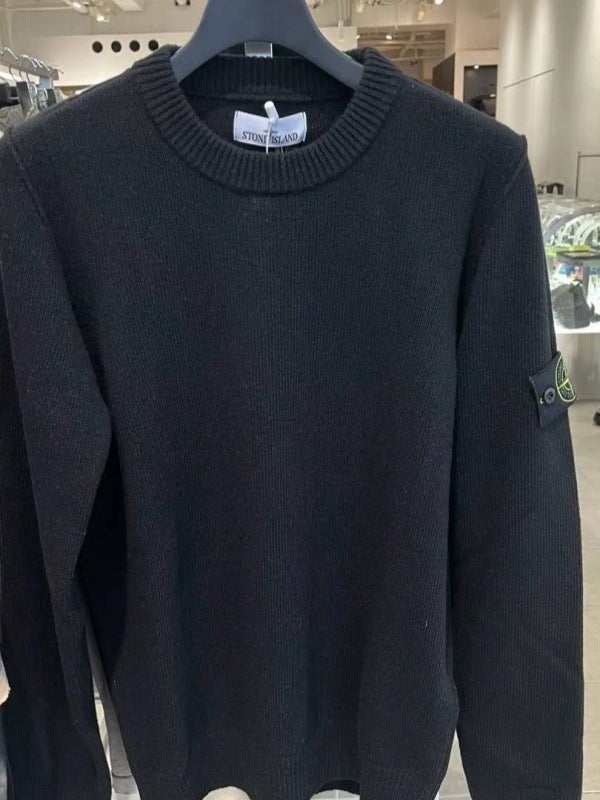 Compass Embroidered Round Neck Knit Sweater