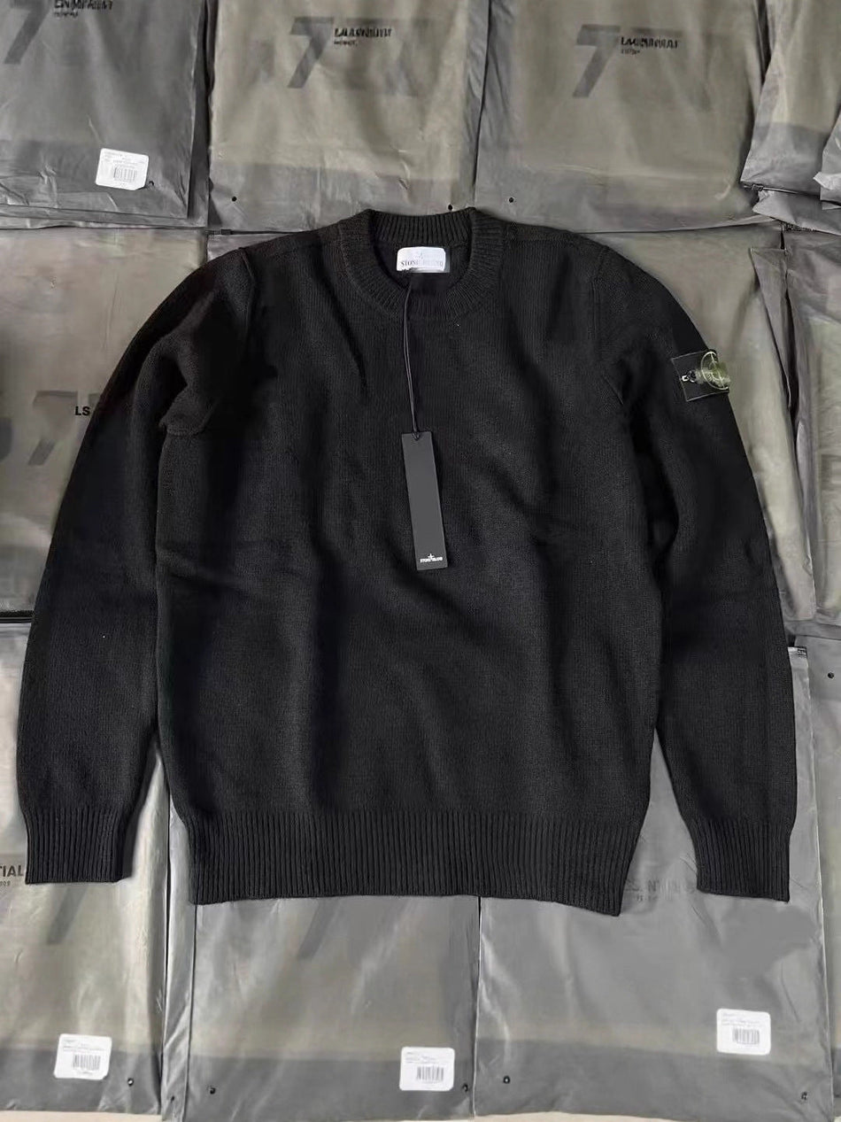Compass Embroidered Round Neck Knit Sweater