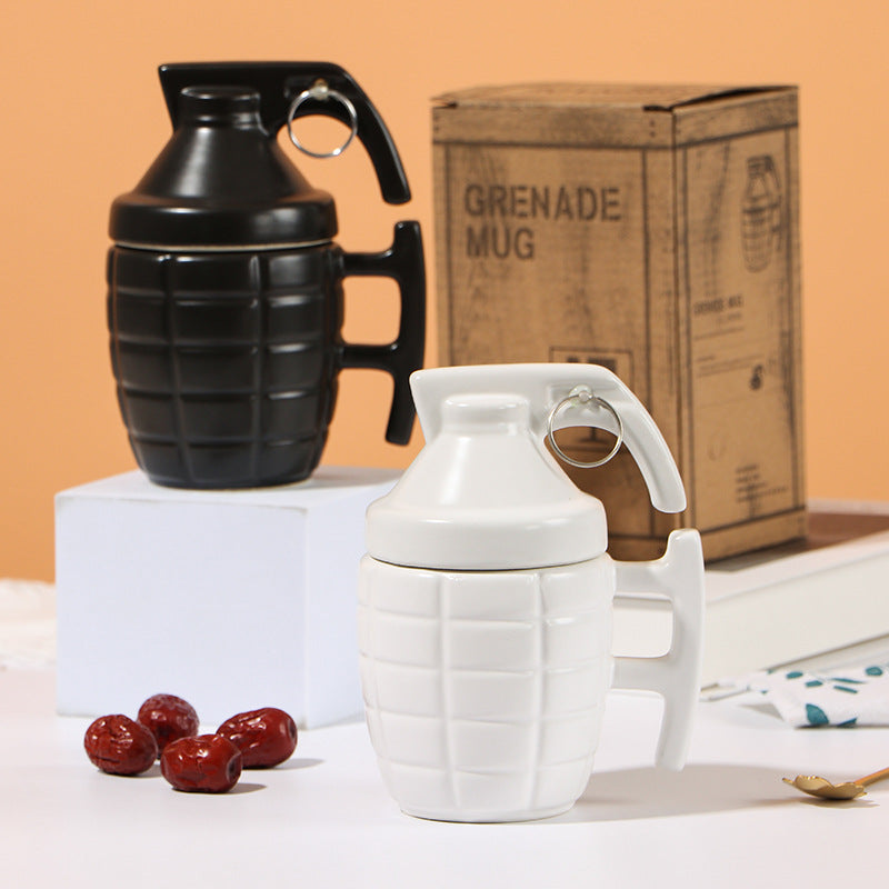 Creative Grenade Shape Ceramic Mug with Lid - Coffee