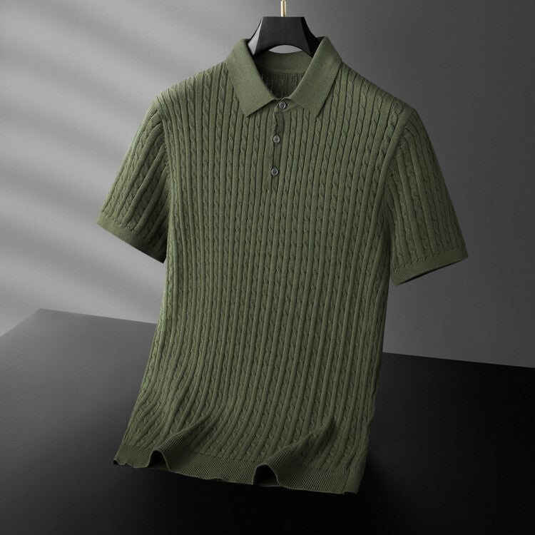 Men's Cotton Cable Knit Short Sleeve Polo Shirt