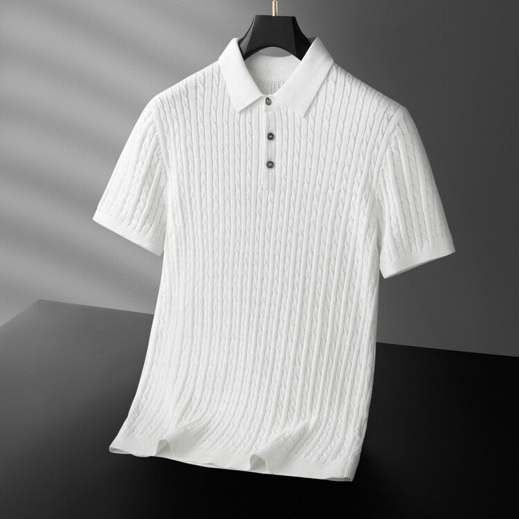 Men's Cotton Cable Knit Short Sleeve Polo Shirt