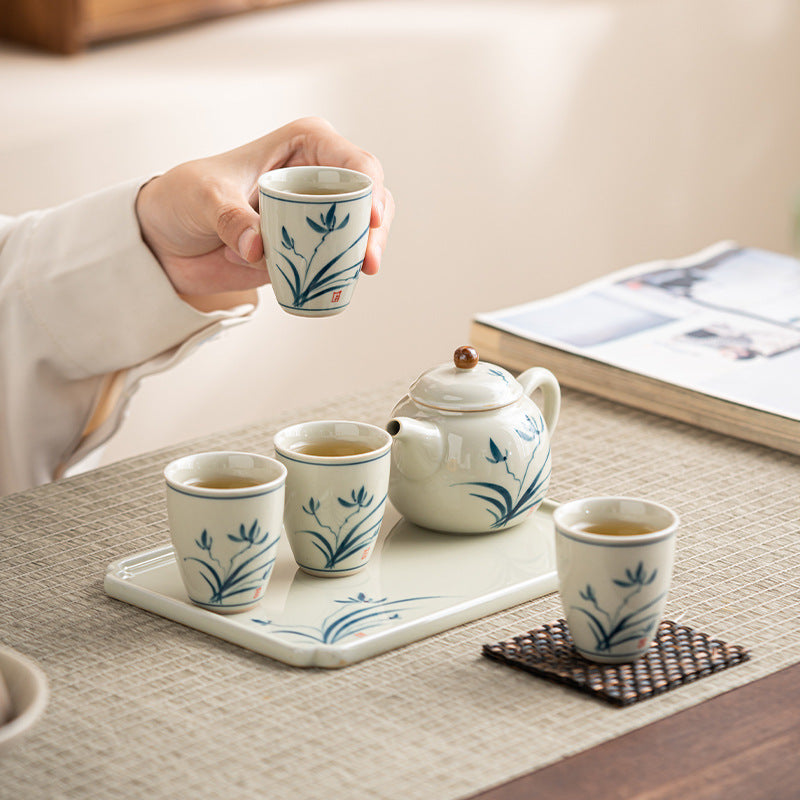 Hand-Painted Plant Ash Glaze Ceramic Tea Set - Gift