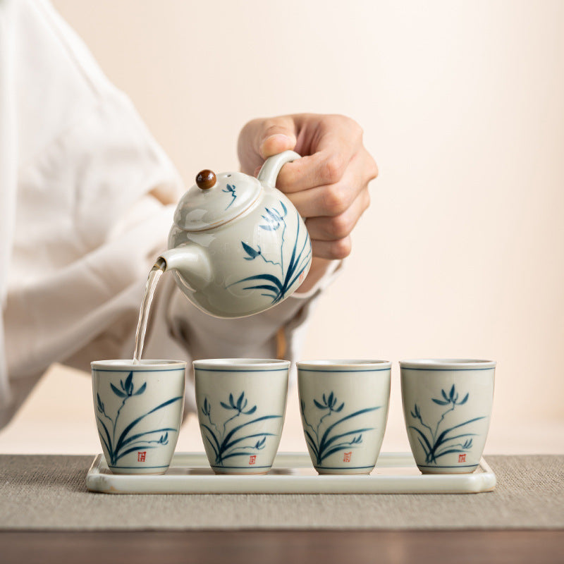 Hand-Painted Plant Ash Glaze Ceramic Tea Set - Gift