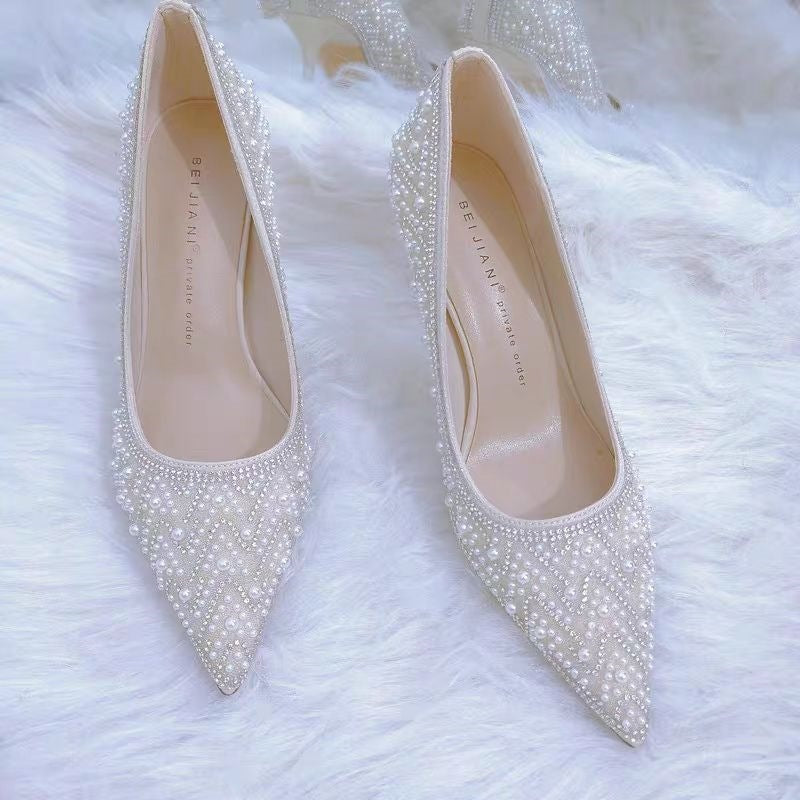 Apricot Crystal Pearl Wedding Heels with Elegant Bridal Style