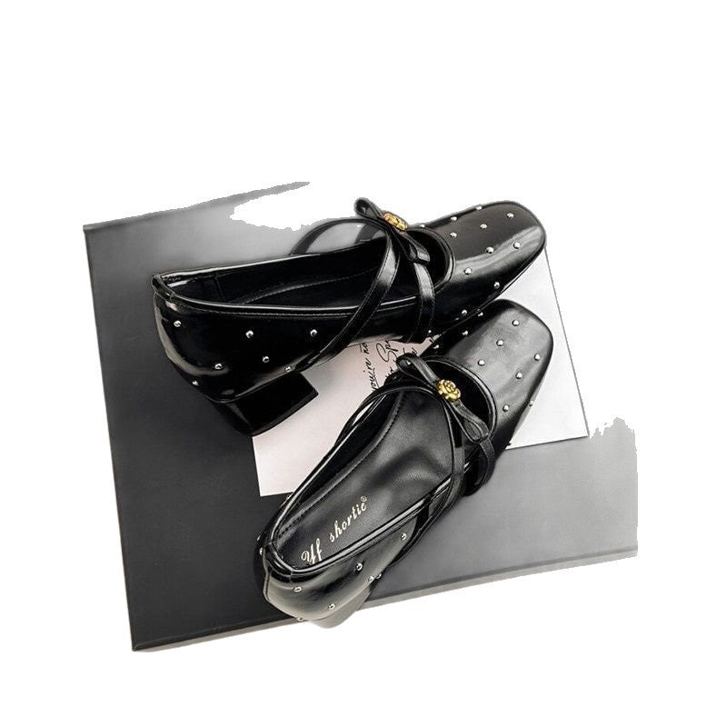 Chanel Style Mary Jane Chunky Heel Shoes with Camellia Detail