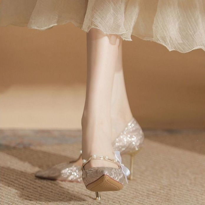 Champagne Gold Pearl Lace-Up Bridal Stiletto Heels