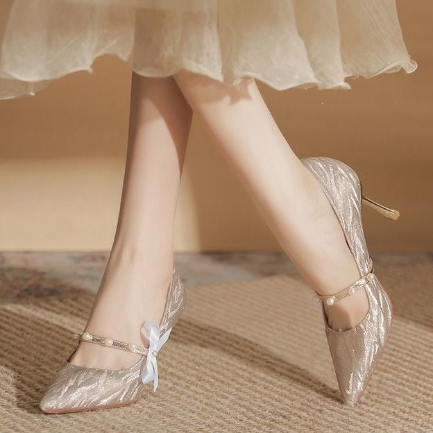 Champagne Gold Pearl Lace-Up Bridal Stiletto Heels