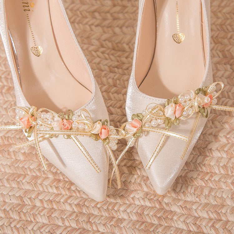 White Satin Bridal Heels with Floral Detail and Pointed Toe