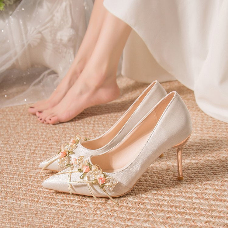 White Satin Bridal Heels with Floral Detail and Pointed Toe