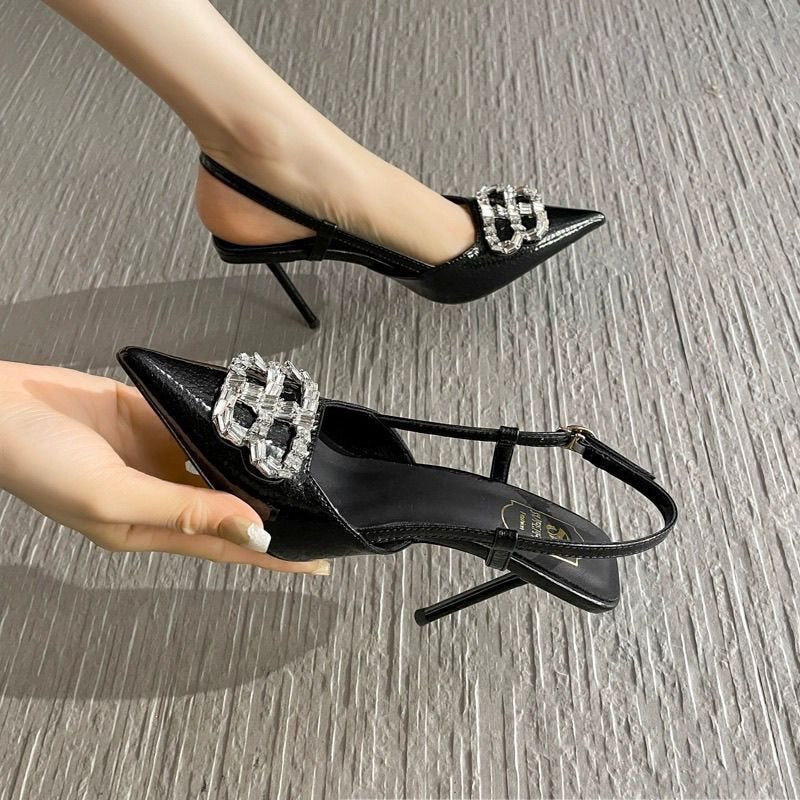 Black Rhinestone Stiletto Heel Sandals with Closed Toe Design