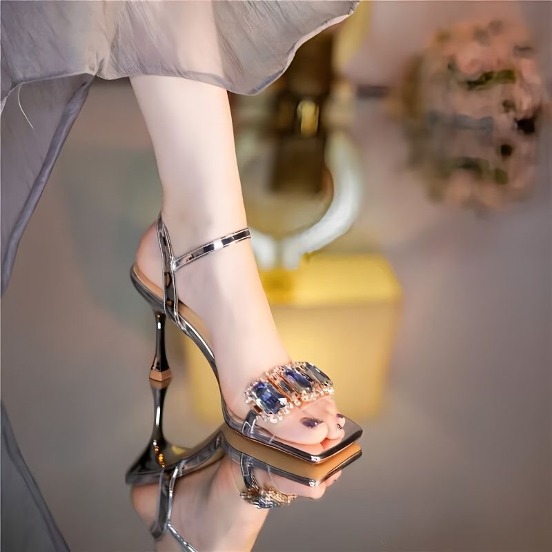 Square Toe Rhinestone High Heel Sandals for Elegant Occasion Wear
