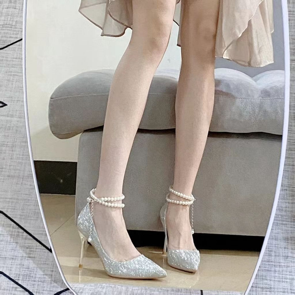 Silver Pearl Crystal Bridal Heels with Pointed Toe Design