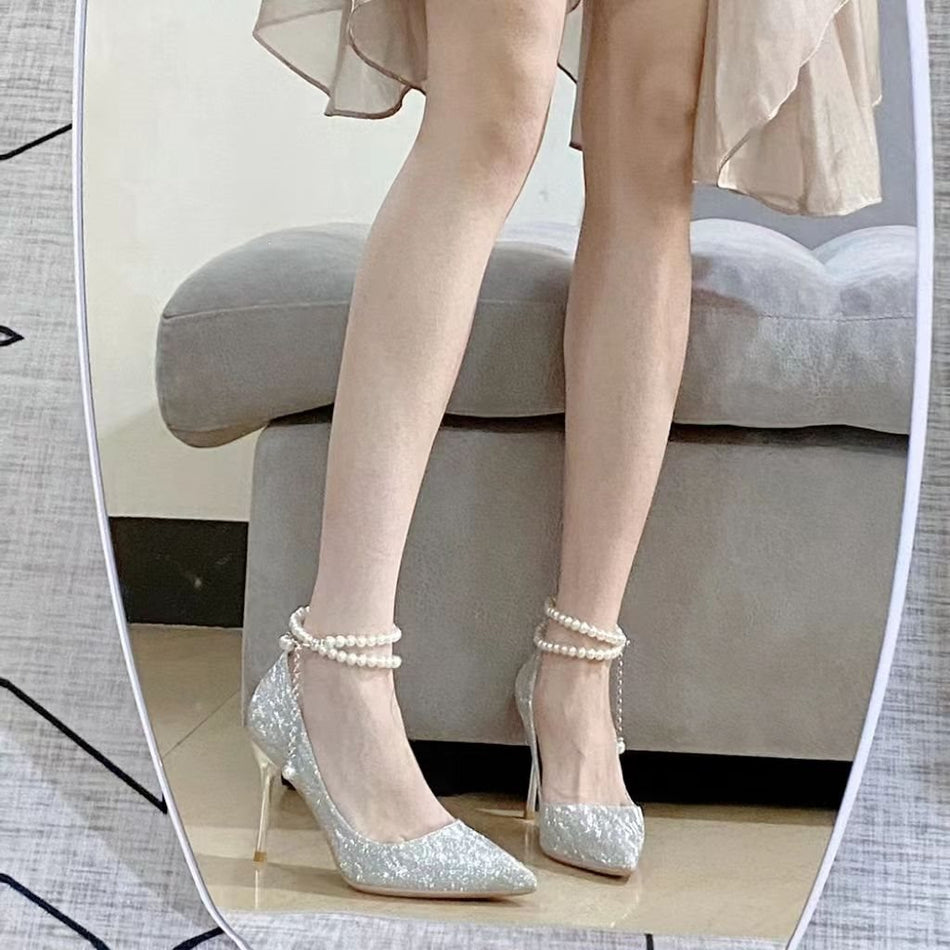 Silver Pearl Crystal Bridal Heels with Pointed Toe Design