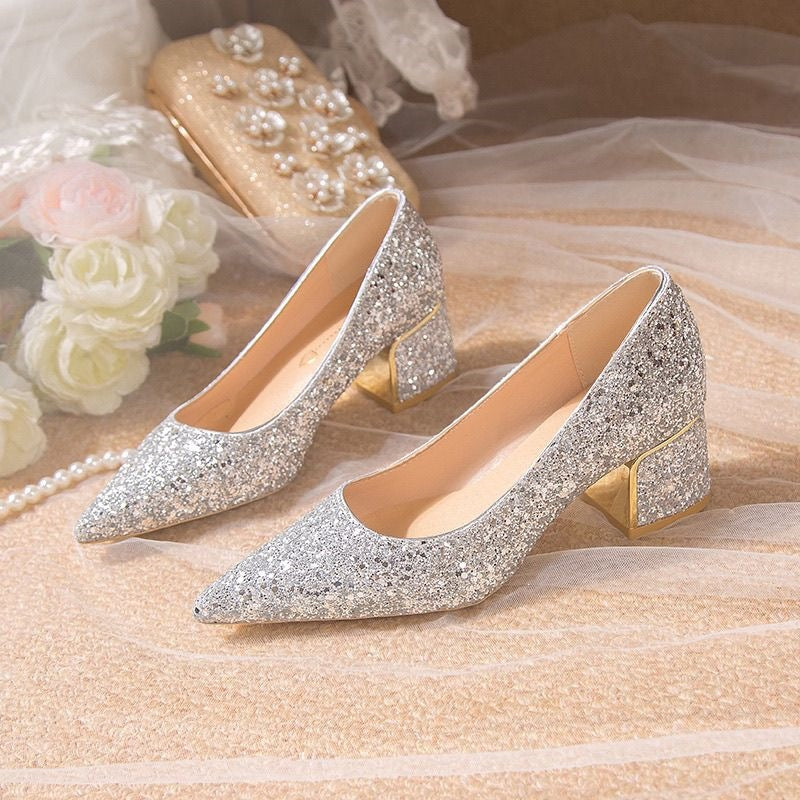 White Sequin Chunky Heel Bridal Shoes with Elegant Wedding Design