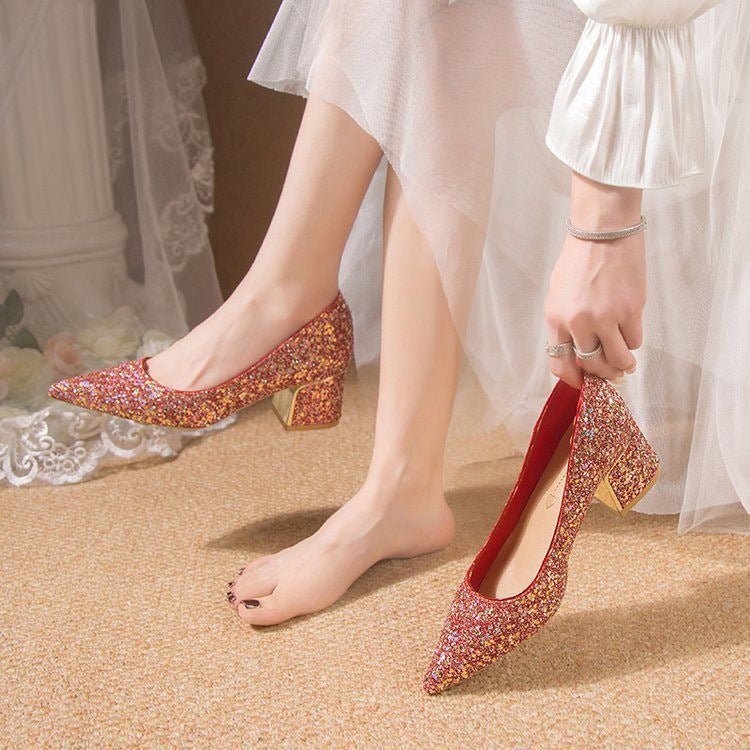 White Sequin Chunky Heel Bridal Shoes with Elegant Wedding Design