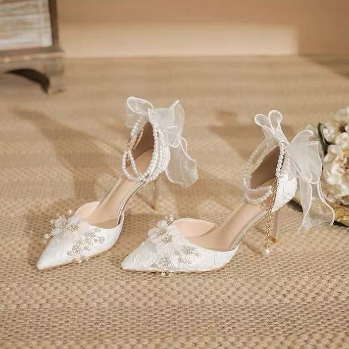 White Satin Floral Bridal Heels with Elegant Wedding Design