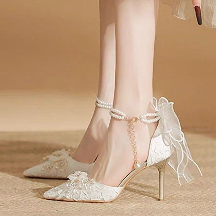 White Satin Floral Bridal Heels with Elegant Wedding Design