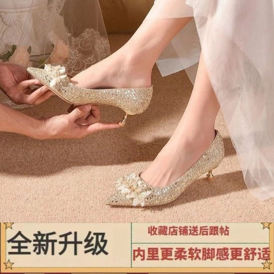 French Style Crystal Low Heel Bridal Shoes for Wedding Wear