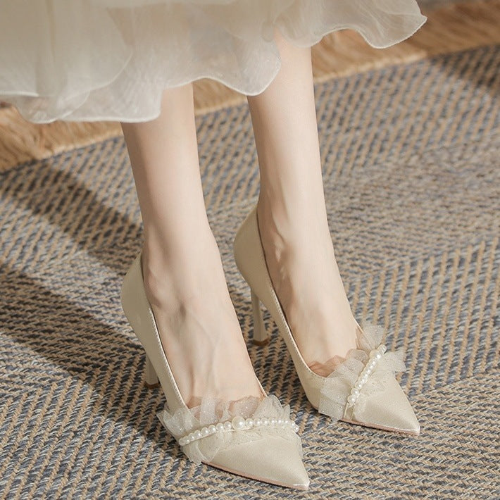 White Pearl Pointed Toe Bridal Heels with Elegant French Style