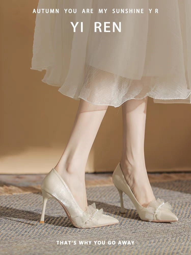 White Pearl Pointed Toe Bridal Heels with Elegant French Style