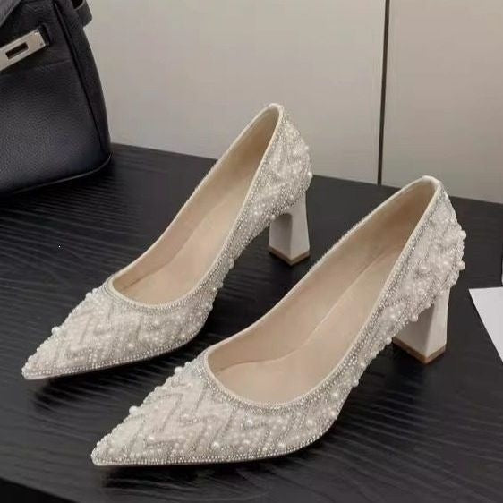 White Rhinestone Pearl Chunky Heel Bridal Shoes with Elegant