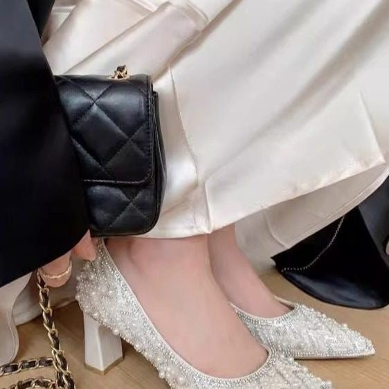 White Rhinestone Pearl Chunky Heel Bridal Shoes with Elegant