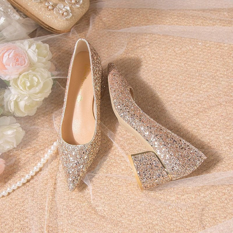 Champagne Sequin Chunky Heel Bridal Shoes with Elegant Design
