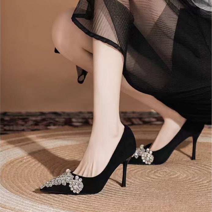 Black Rhinestone Pointed Toe Stiletto Heels with Elegant Design