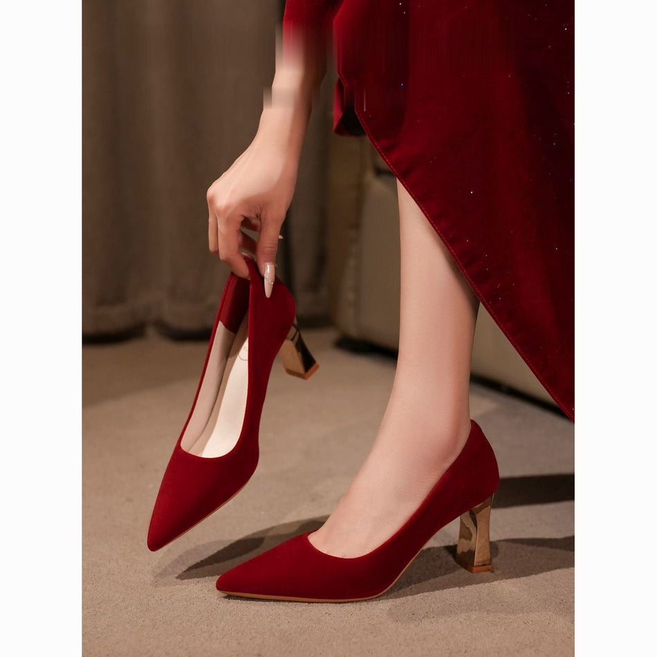 Red Suede Pointed Chunky Heel Bridal Shoes for Wedding Wear