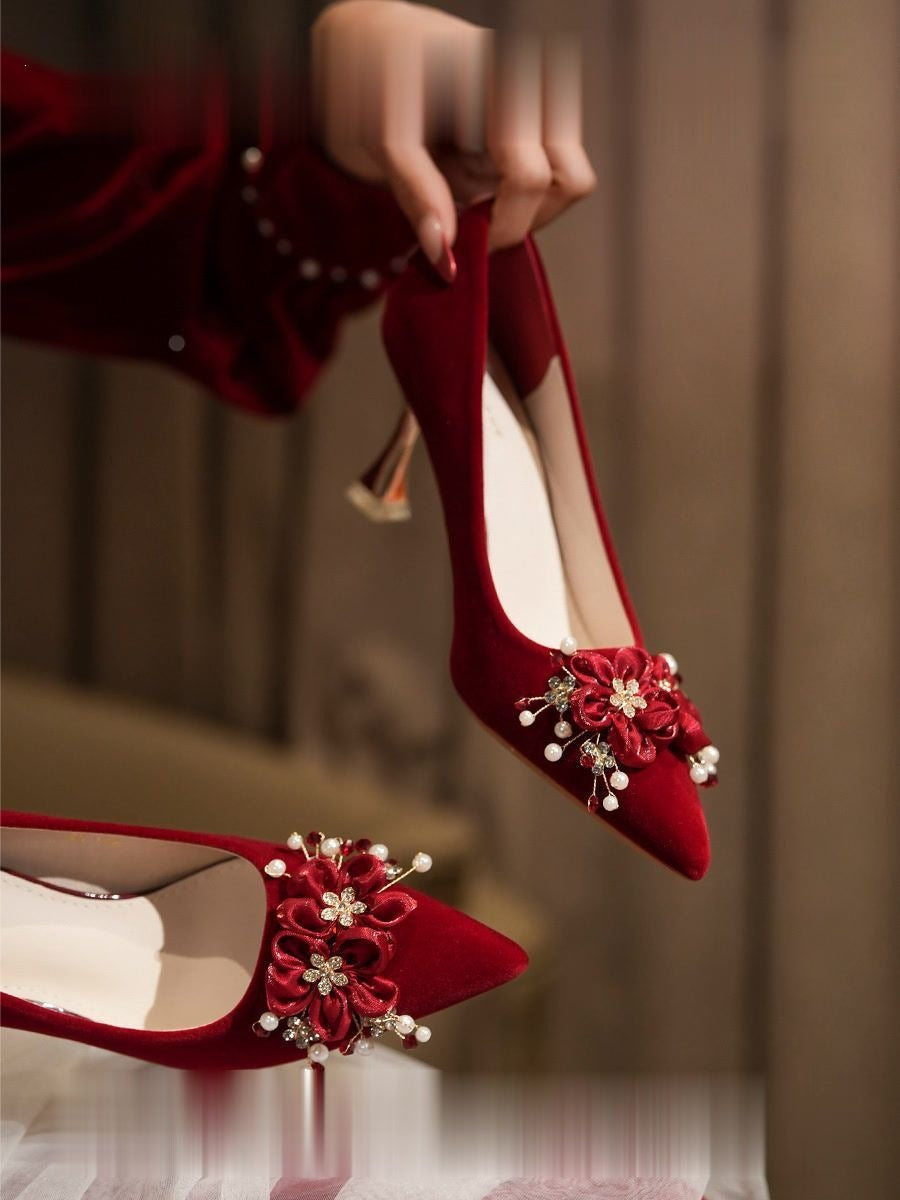 Red Floral Pointed Toe Bridal Heels with Elegant Wine Glass Heel