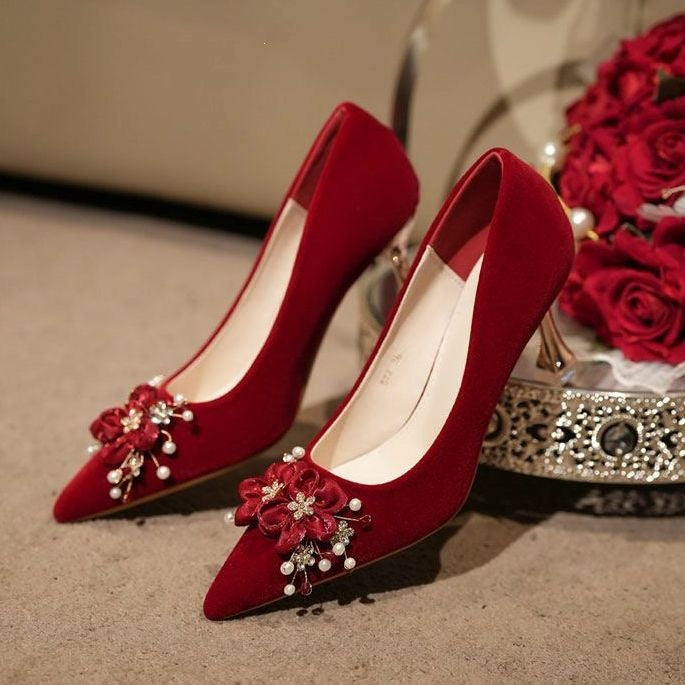 Red Floral Pointed Toe Bridal Heels with Elegant Wine Glass Heel