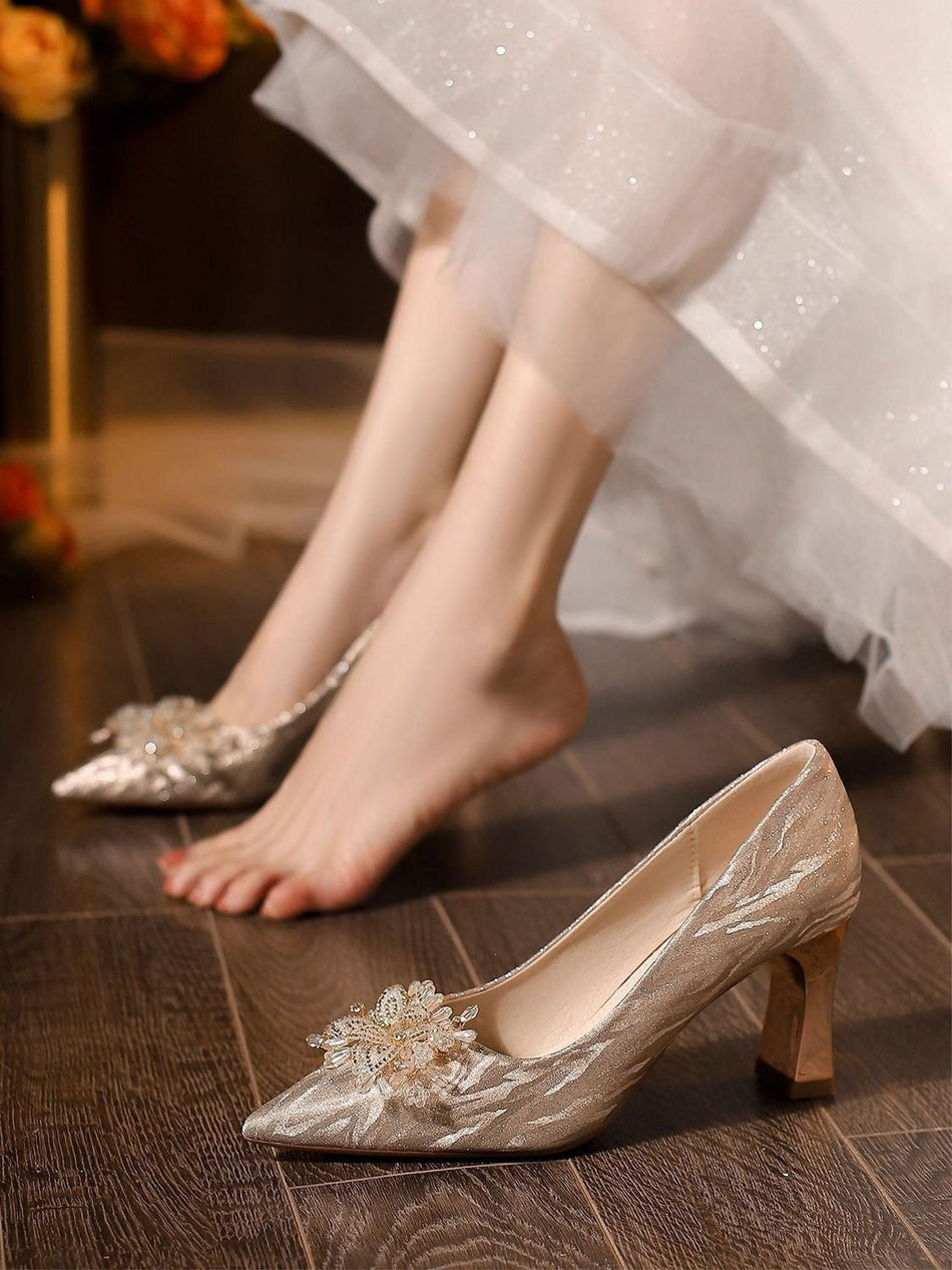 White Crystal Chunky Heel Bridal Shoes with Soft Leather Finish