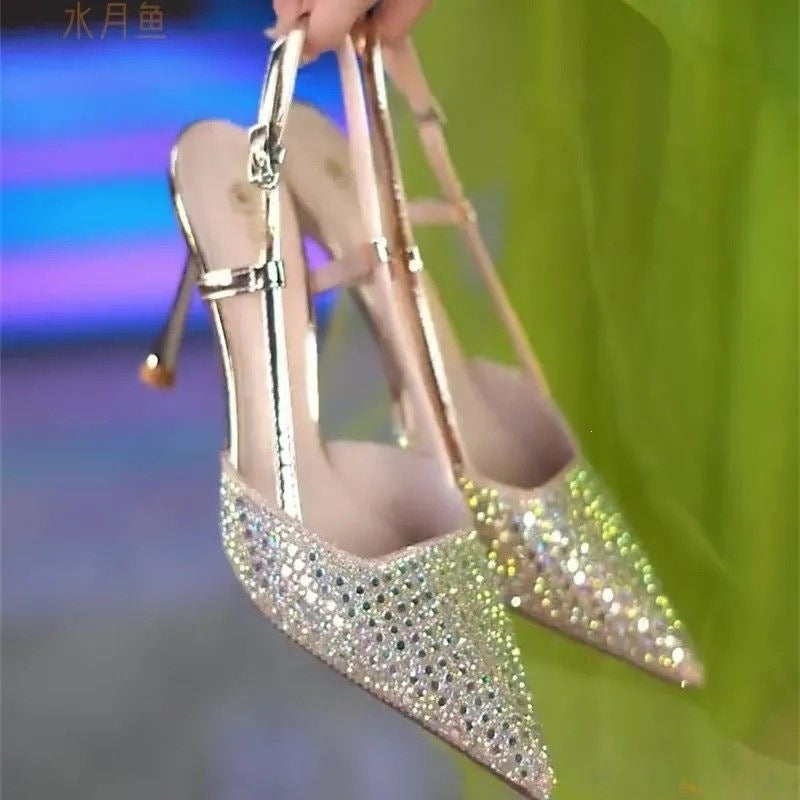 Champagne Rhinestone Pointed Toe Stiletto Heel Sandals