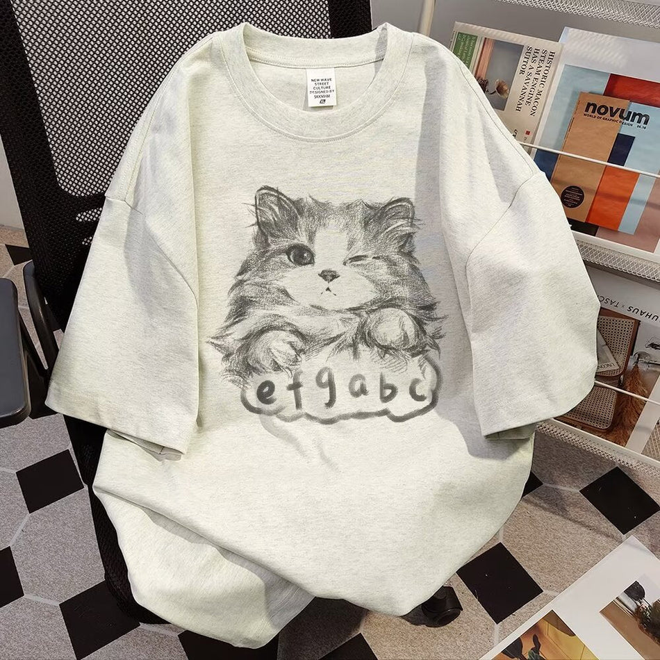Pure Cotton Cat Print T-Shirt for Boys Loose Fit Casual Wear