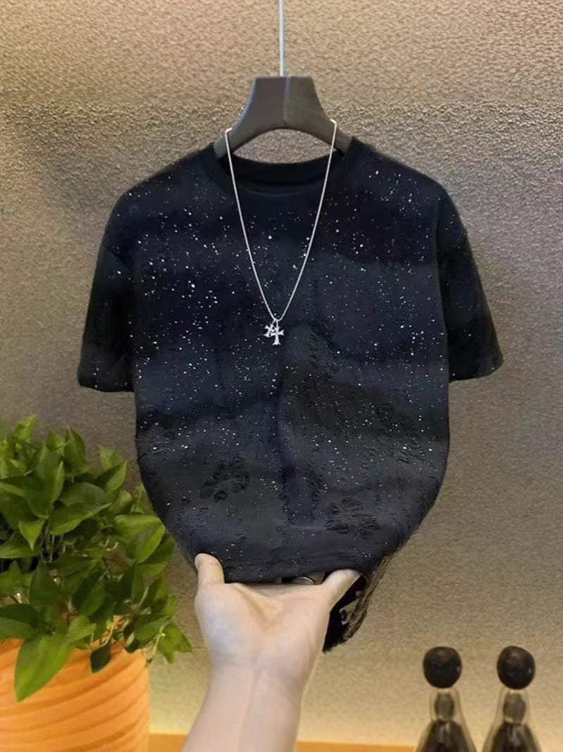 Men's Gradient Hot Drilling T-Shirt Ripped Short Sleeve Top