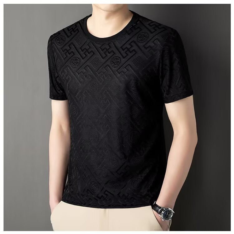 Ice Silk Jacquard Mesh T-Shirt for Men Breathable Round Neck