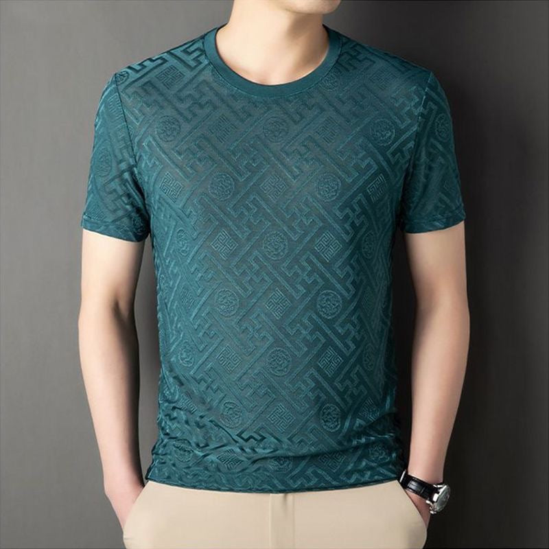 Ice Silk Jacquard Mesh T-Shirt for Men Breathable Round Neck