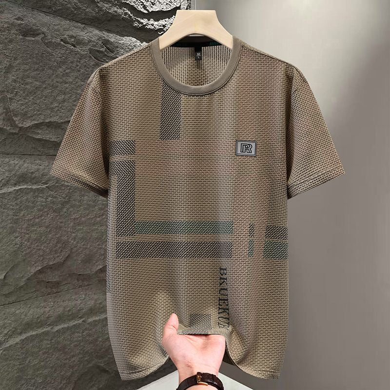 Men's Ice Silk Plaid T-Shirt Loose Casual Short Sleeve Top