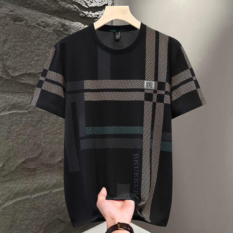 Men's Ice Silk Plaid T-Shirt Loose Casual Short Sleeve Top
