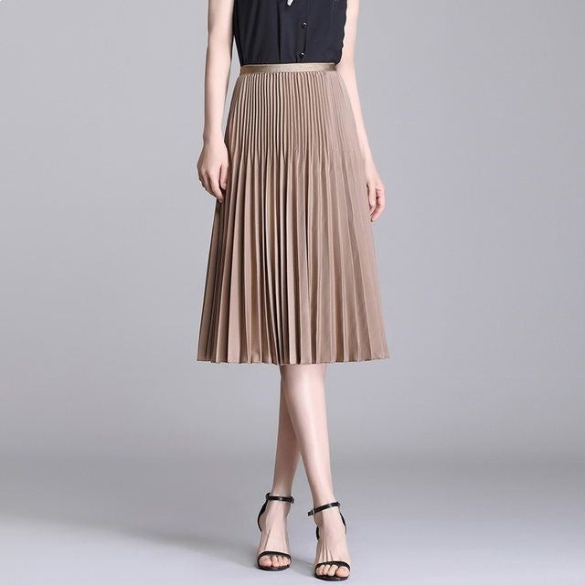 Elegant High-Waist Pleated A-Line Midi Skirt for Women