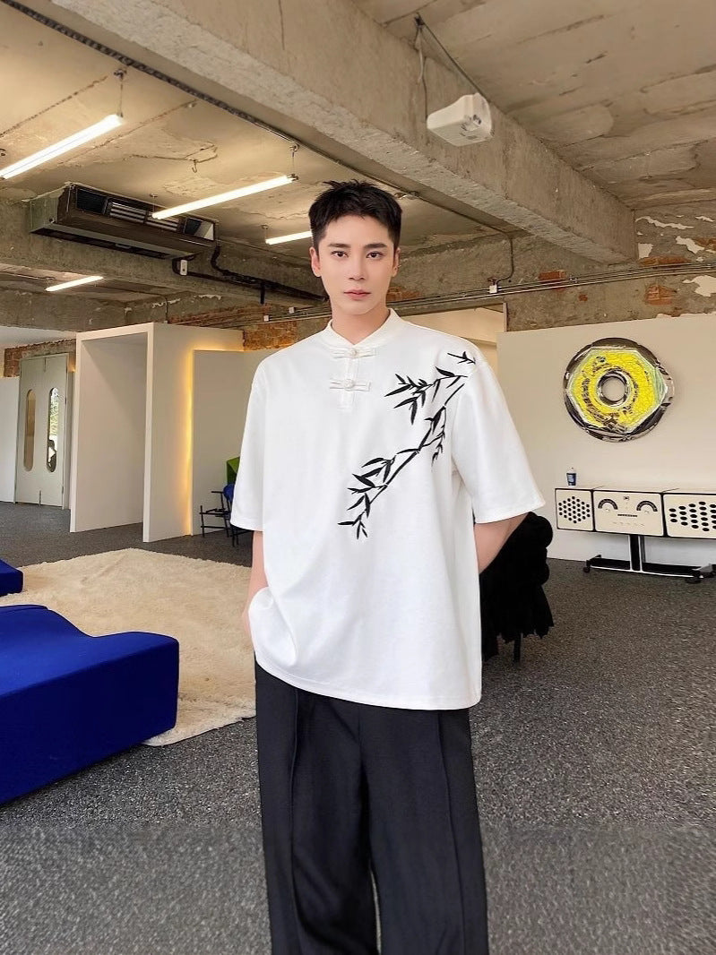 Boys Chinese Style Bamboo Embroidery Button T-Shirt Retro Top