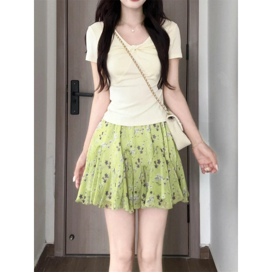 Women's Floral Chiffon A-Line Midi Skirt with High Waist