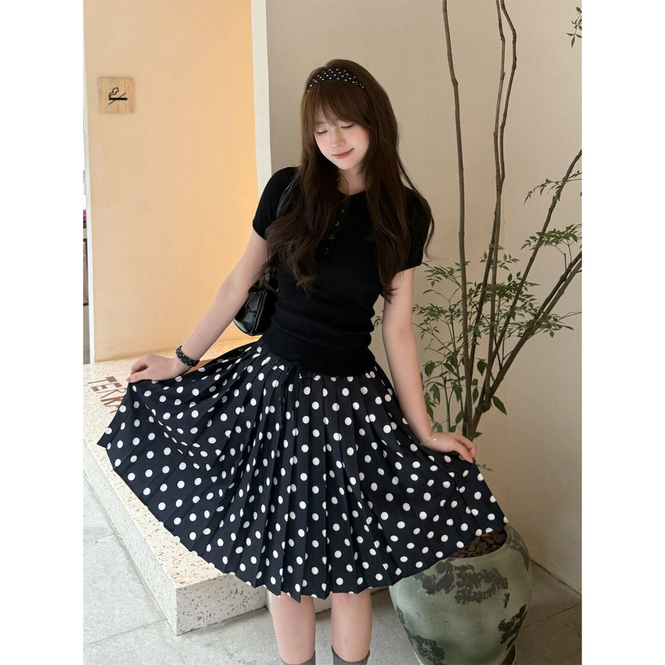 Women's High-Waist Polka Dot Pleated A-Line Midi Skirt
