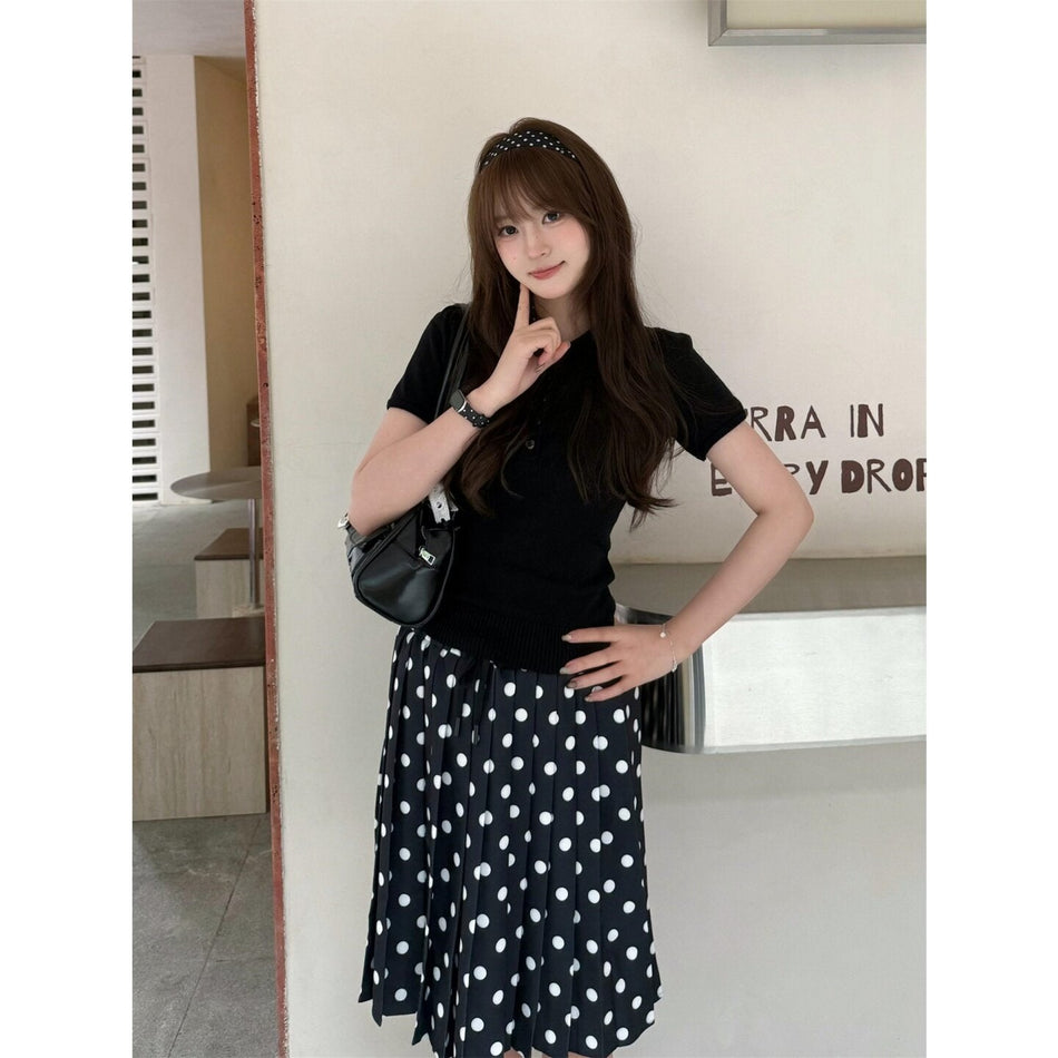 Women's High-Waist Polka Dot Pleated A-Line Midi Skirt