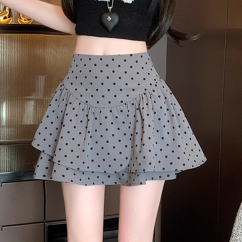 Women's Gray Polka Dot High-Waist Layered A-Line Midi Skirt