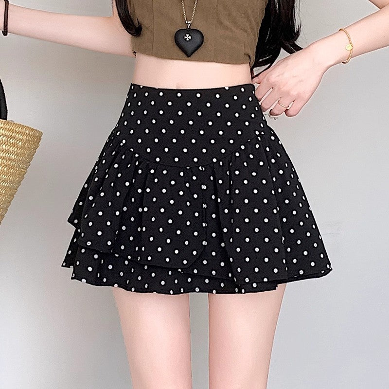 Women's Gray Polka Dot High-Waist Layered A-Line Midi Skirt