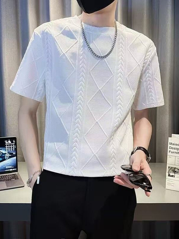 Men's Heavyweight Jacquard T-Shirt Loose Textured Crew Neck Top