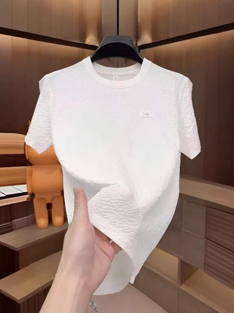 Men's Ice Silk Solid Color T-Shirt Luxury Casual Short Sleeve