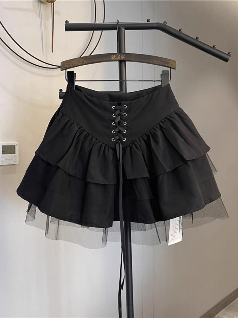 Women's Mesh Layered Lace-Up A-Line Midi Skirt